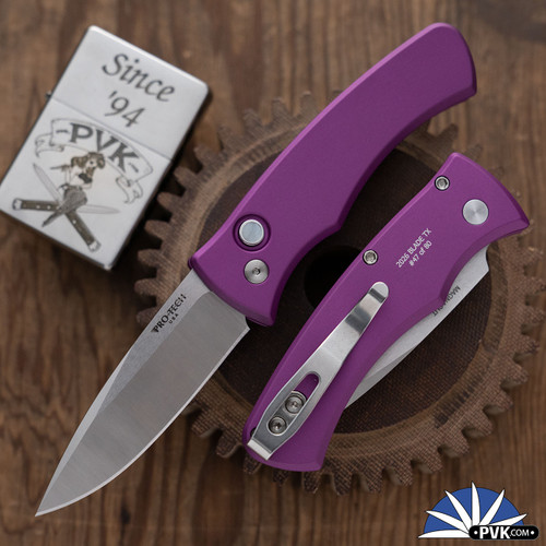 Protech Duke 2 Auto BST26.Duke.1, Machine Satin Magnacut Blade, Purple Aluminum Handle W/ White Pearl Button