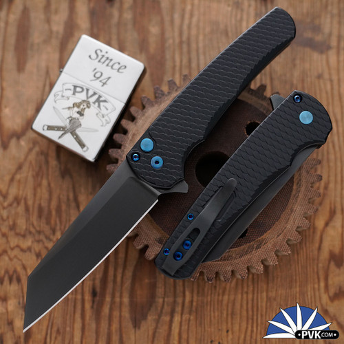 Protech Malibu BST26.Malibu.1, Smoky Grey DLC Reverse Tanto Magnacut Blade, Black Dragon Scale Textured Handle, Sapphire Blue HW