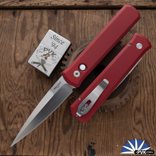 Protech Godfather Auto 921-MOP RED, Satin Blade, Solid Red Handle, Mother Of Pearl Button