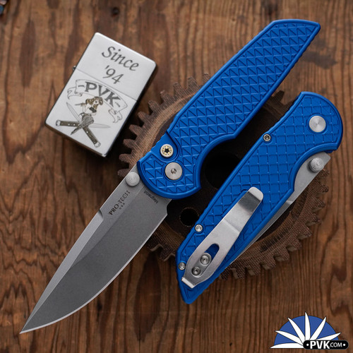 Protech TR-3 Integrity Double Thumbstud Manual BST26.INT.1, Stonewashed Magnacut Blade, Blue Relic Textured Handle, Mosaic Pin Button