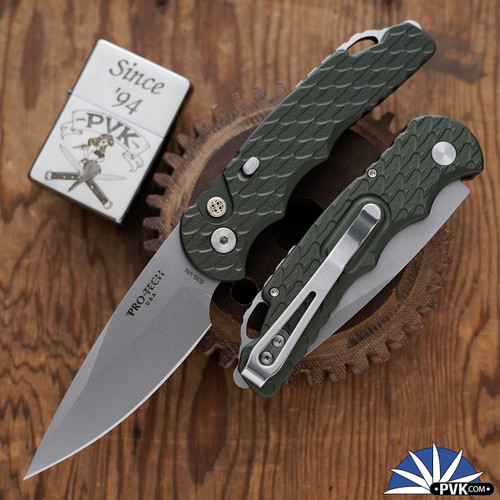 Protech TR-5 Auto BST26.TR5.1, Stonewashed S35-VN Blade, Green Feather Textured Handle, Mosaic Pin Button