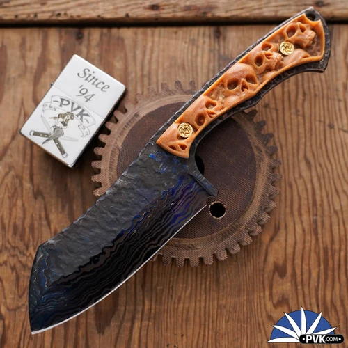 Broken Anvil Knife Works & Imperial Custom Works Hunter,  Damascus Wharncliffe Blade, Butterscotch Linen Micarta Handle Scales W/Carved Skulls, Hybrid Leather Sheath