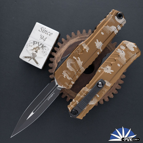 Microtech Cypher Gen 2 1242-1TAPX, Double Edge Black Blade, Tan Pixel Camo Handle
