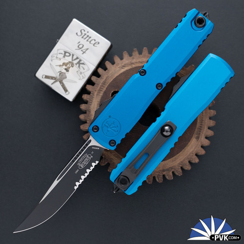 Microtech Ultratech Gen 4 11214-2BL, Black Partial Serrated Single Edge Blade, Blue Handle