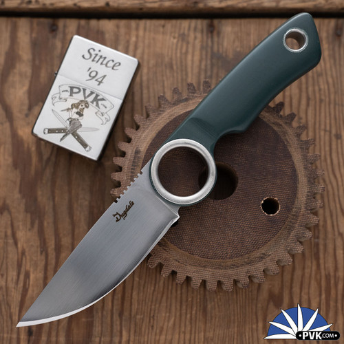 Dan Dugdale Custom Finger Hole Fixed Blade, Hand Rubbed Satin D2 Drop Point, Evergreen G10 Handle, Army Green Kydex Sheath
