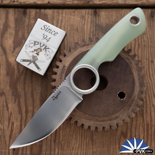 Dan Dugdale Custom Finger Hole Fixed Blade, Hand Rubbed Satin D2 Drop Point, Translucent G10 Handle, OD Green Kydex Sheath