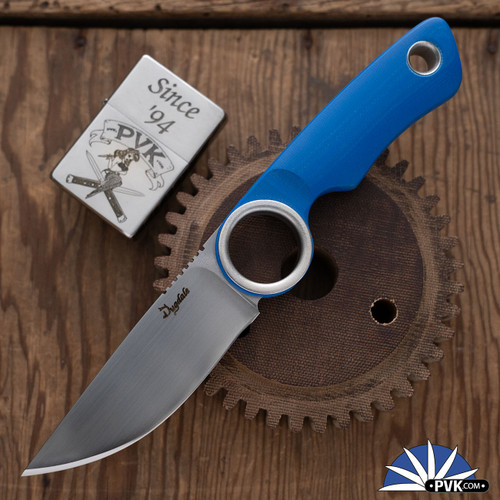 Dan Dugdale Custom Finger Hole Fixed Blade, Hand Rubbed Satin D2 Drop Point, Blue G10 Handle, Navy Blue Kydex Sheath