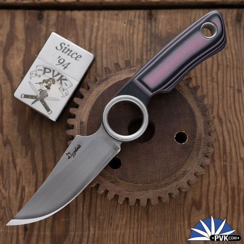 Dan Dugdale Custom Finger Hole Fixed Blade, Hand Rubbed Satin D2 Skinner, Pink And Black G10 Handle, Pink Camo Pattern Kydex Sheath