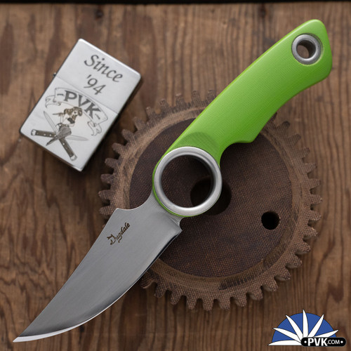 Dan Dugdale Custom Finger Hole Fixed Blade, Hand Rubbed Satin D2 Skinner, Green G10 Handle, Lime Green Kydex Sheath