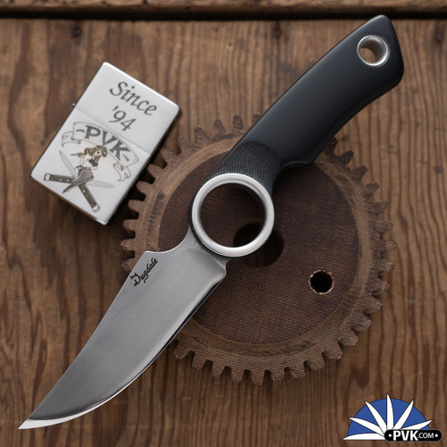 Dan Dugdale Custom Finger Hole Fixed Blade, Hand Rubbed Satin D2 Skinner, Black G10 Handle, Red Flannel Pattern Kydex Sheath