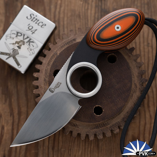 Dan Dugdale Custom Finger Hole Derringer Fixed Blade, Hand Rubbed Satin D2 Drop Point Blade, Orange And Black G10 Handle, Orange Kydex Sheath