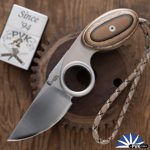 Dan Dugdale Custom Finger Hole Derringer Fixed Blade, Hand Rubbed Satin D2 Drop Point Blade, Wood Pattern G10 Handle, Desert Digi Cam Kydex Sheath