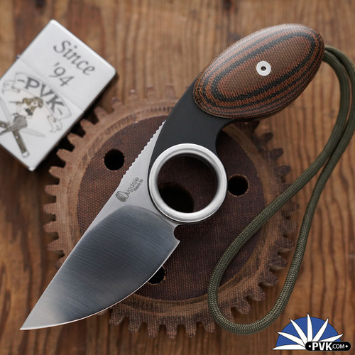 Dan Dugdale Custom Finger Hole Derringer Fixed Blade, Hand Rubbed Satin D2 Drop Point Blade, Brown Micarta Handle,  Jungle Digi Cam Kydex Sheath