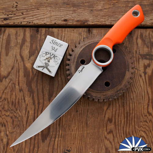 Dan Dugdale Custom Finger Hole Boning Fixed Blade, Hand Rubbed Satin  Blade, Orange G10 Handle, Orange Kydex Sheath