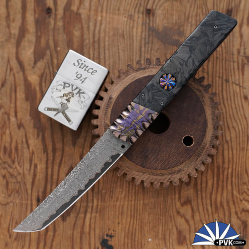Afaaq Custom Knives 9" Auto, Damascus Tanto Blade, Timascus Bolsters W/ Shredded Carbon Fiber Handles, Purple Anodized And Fileworked Titanium Liners