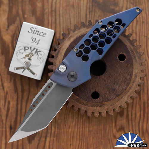 Hypercut Manufacturing Dharma, Tumbled S45VN Blade, Skeletonized Blurple Titanium Handle