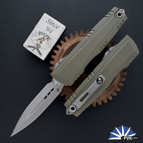 Microtech Luminary ZBP 1270-10APMGS Apocalyptic Blade,  Moss Green Handle W/Tritium Button Insert, Signature Series