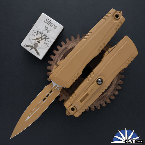 Microtech Luminary ZBP RAL-8000 1270-1CRAS, Brown D/E Blade,  Brown Handle W/Tritium Button Insert