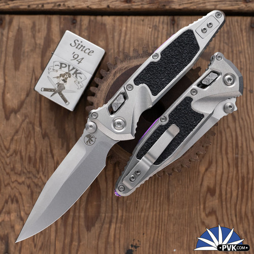 Microtech SOCOM Elite RAM-LOK 160RL-10SMS4, Stonewashed Spear Point Blade, Stonewashed Titanium Handle W/Textured Inlay And Purple Ti Accents
