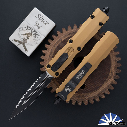 Microtech Dirac 225-3TA, Full Serrated Black Blade, Tan Handle