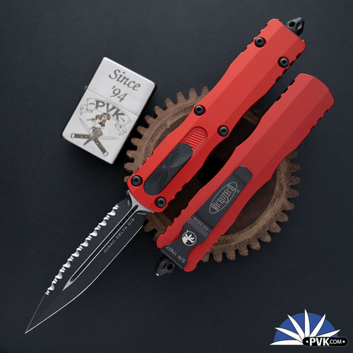 Microtech Dirac Delta 227-3RD, Full Serrated Black Blade, Red Handle