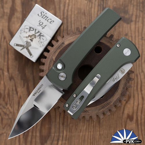 Protech/Chavez Scapegoat Compact Custom 003, Mike Irie MP Compound Ground Blade, Green Aluminum Handle, Black Lip Pearl Button W/Satin HW