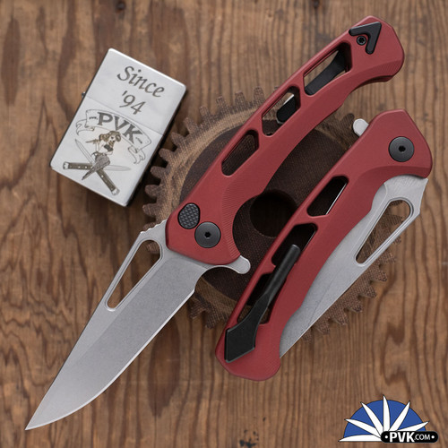 Dead Reckon Knives RB-3462-17-Red Ridgeback Integral Vertebrae, Stonewashed Modified Clip S45VN Blade, Red Aluminum Handle