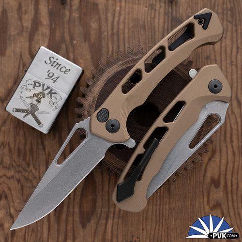 Dead Reckon Knives RB-3462-17-FDE Ridgeback Integral Vertebrae, Stonewashed Modified Clip S45VN Blade, FDE Aluminum Handle