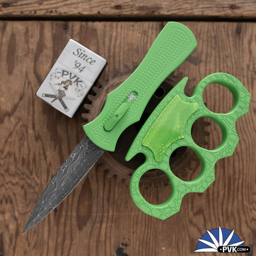 BURN Knives Palm Viper Knuckle Combo D/A OTF, Green Mamba Series With Green Cerakote And Snakeskin Engraved Chassis, Chad Nichols Slither Damascus Dagger Blade, Matching Green Mamba Knuckle With Green Juma Inlay