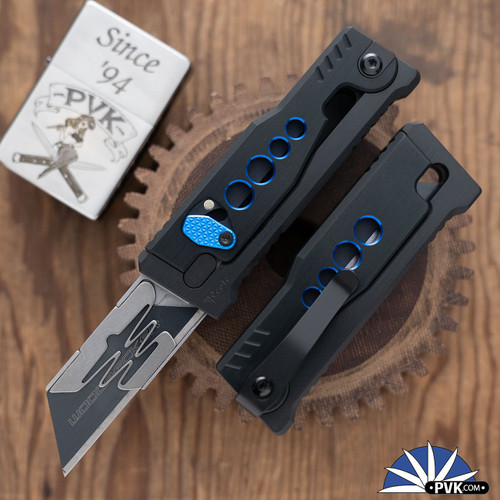 Reate EXO-U Gravity Knife, Razor Blade, Black Aluminum Speedhole Pattern, Blue Holes
