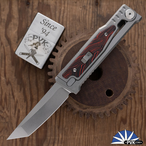 Reate EXO-M Gravity Knife, Stonewashed/ Satin Elmax Tanto Blade, Bead Blast Titanium, Red/ Black G10 Damascus Pattern Inlay