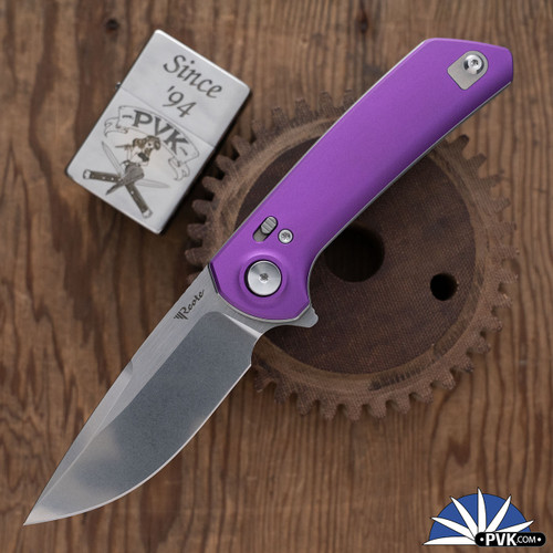 Reate PL-XF Pivot Lock, Satin/ Stonewashed Nitro-V Blade, Purple Aluminum Handle
