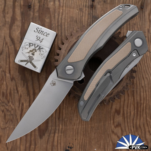 Shirogorov Knives Ursus Quantum, Stonewashed Cromax PM Blade, Blasted & Stonewashed Titanium Handles W/Biege G10 Inlays, MRBS