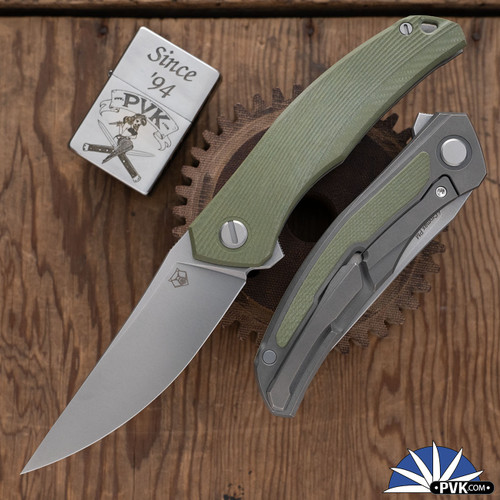 Shirogorov Knives Ursus Quantum, Stonewashed Cromax PM Blade, Olive Green G10 Handle With Titanium Lockside W/Olive Green G10 Inlay, MRBS
