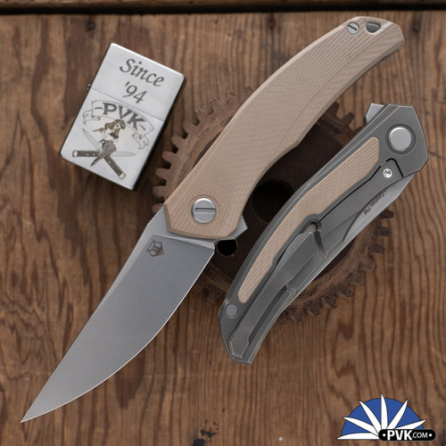 Shirogorov Knives Ursus Quantum, Stonewashed Cromax PM Blade, Beige G10 Handle With Titanium Lockside W/Beige G10 Inlay, MRBS