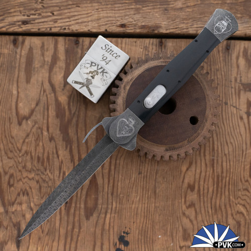 BURN Custom Trapdoor D/A OTF, Skull And Aces Engraved Ladder Damascus Bolsters, Turkish Twist Damascus Bayonet Blade, Black Micarta Scales
