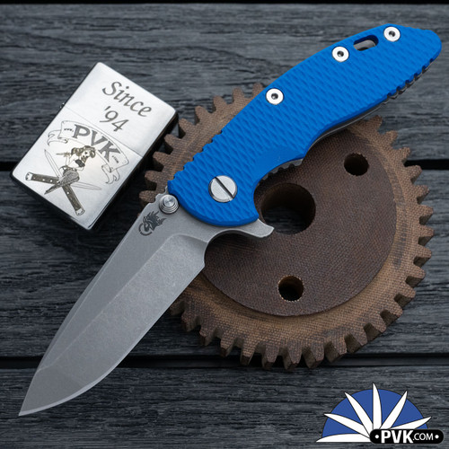 Hinderer XM-18 3.25″ Spanto Working Finish Magnacut Blade, Working Finish Ti Frame & Blue G10 Handle