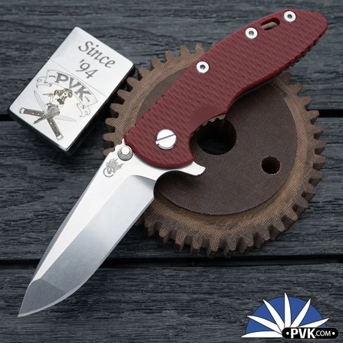 Hinderer XM-18 3.25″ Spanto Stonewashed Magnacut Blade, Stonewashed Bronze Ti Frame & Red G10 Handle