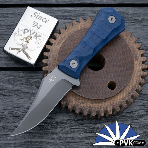 Auxiliary Manufacturing Pocket Bowie Fixed Blade,  Gray 14C28N Blade, Blue Micarta Handle Deadhead Series