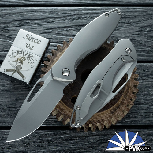 Koenig Knives Mini Arius Non-Flipper, Burnished W/PF Blade, Smooth Titanium Handles W/Blue HW & Blasted Clip