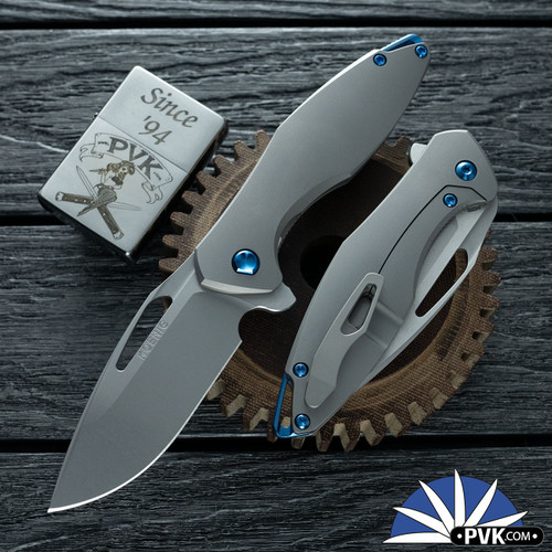 Koenig Knives Mini Arius Flipper, Burnished W/PF Blade, Smooth Titanium Handles W/Blue HW & Blasted Clip
