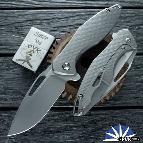 Koenig Knives Arius Flipper, Burnished W/PF Blade, Plexa Patterned Titanium Handles, Blue HW W/Silver Spacer & Blasted Clip