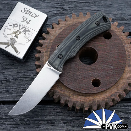 Three Rivers Manufacturing (TRM) Tagalong Stonewashed Magnacut, Black & OD Green G10 Handle Scales, Leather Sheath