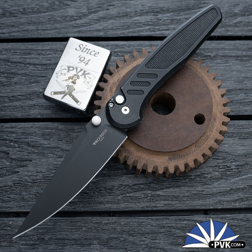 PVK Custom Protech/Peace Neighbor Designed Avalon, Manual - CCKSS26.AVALON.2, DLC Magnacut Blade, Battle Worn Black Knurled Aluminum Handle W/ Black Lip Pearl Button, Distressed Black Deep Carry Clip