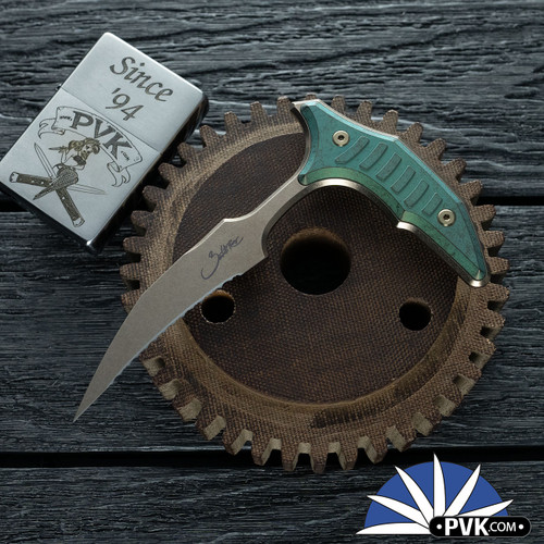 Microtech BEE S/E Wharnecliffe Bronze Stonewashed Full Serrated Blade, Antique Green Stonewashed Titanium Handle W/Bronze Ti HW, Marfione Select