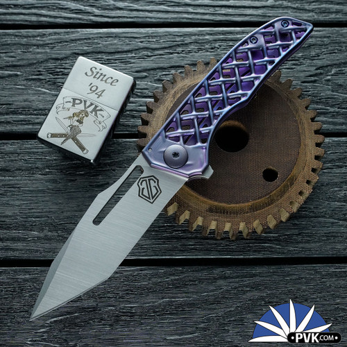 John Gray Left Hand Slitter V2, Satin Magnacut Tanto Blade, Purple Chain-link Pattern Titanium Handle And Purple Clip, Purple HW