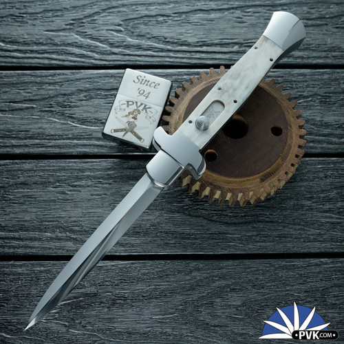 BURN Custom OTF 11" Italian, 416 Stainless Steel Chassis With Black/ White Cow Horn Scales, Polished Hand Ground Dagger 154CM Blade