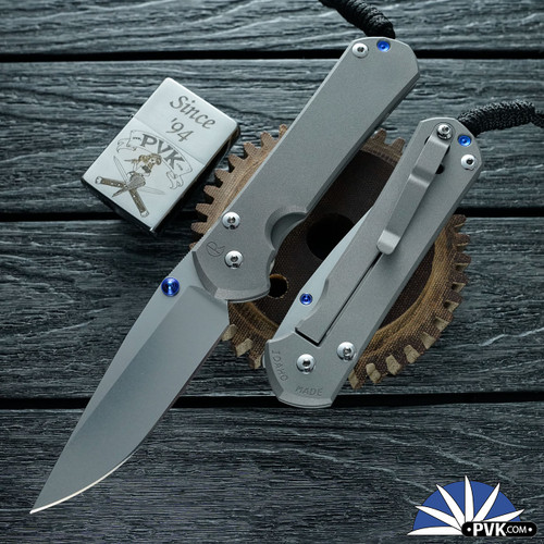 Chris Reeve Large Sebenza 31, Stonewashed Magnacut Drop Point Blade, Sandblasted Titanium Scales, Blue Accents