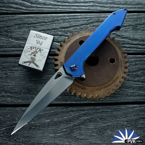 417CNC Acer #44, CMP154 Blade,  Blue Titanium Handle, Lightning Finish Hardware And Clip