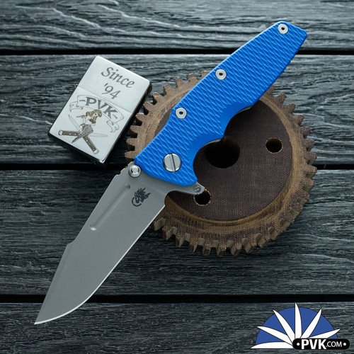 Hinderer 3.5″ Eklipse Skinny Fullered Harpoon Spearpoint, Working Finish Magnacut Blade, Blue G10 Scale, Working Finish Titanium Frame